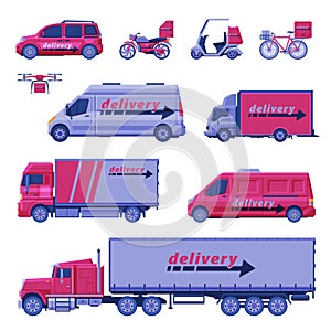 Delivery Vehicles Collection, Express Delivery Service, Cargo Shipping Transportation Flat Vector Illustration