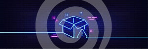 Delivery warning line icon. Package box alert sign. Neon light glow effect. Vector