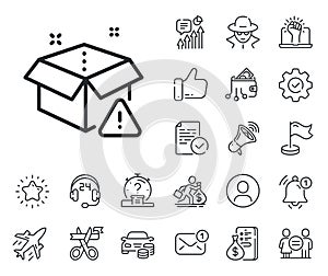 Delivery warning line icon. Package box alert sign. Salaryman, gender equality and alert bell. Vector