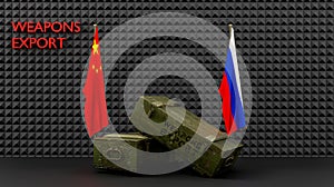 Delivery of weapons from Russia to China, package of military aid, flags China and Russia, 3D work and 3D image