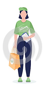 Delivery woman in green uniform semi flat color vector character