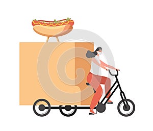 Delivery woman in medical face mask riding on bike and delivers hot dogs vector flat illustration.