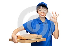 delivery woman with pizza boxes showing ok sign