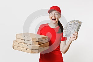 Delivery woman in red cap, t-shirt giving food order italian pizza in cardboard flatbox boxes isolated on white