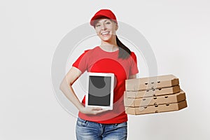 Delivery woman in red cap, t-shirt giving food order italian pizza in cardboard flatbox boxes isolated on white