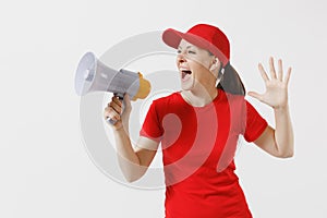 Delivery woman in red uniform isolated on white background. Female in cap, t-shirt working as courier screaming in