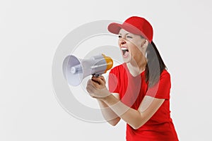 Delivery woman in red uniform isolated on white background. Female in cap, t-shirt working as courier screaming in