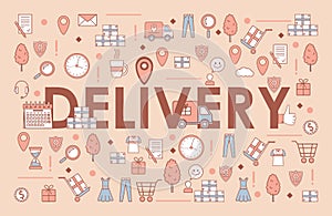 Delivery word banner template. Electronic commerce and online order vector cartoon outline concept.