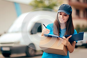 Delivery Worker with Cardboard Box Package and Paper Documents