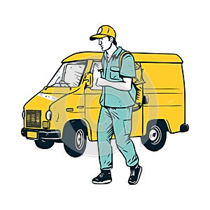 Delivery worker driving yellow truck