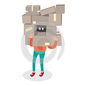 Delivery worker hide by box.Courier Man carrying boxes cartoon vector illustration photo