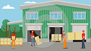 Delivery worker at warehouse, box transportation vector illustration. Person character shipping goods by transport