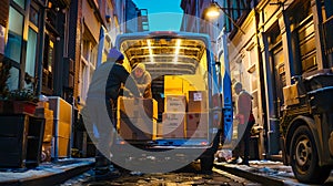 Delivery workers unloading cargo from a van at dusk. Urban logistics and shipping. Street scene with transportation job