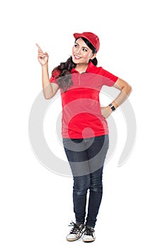 Delivery young asian woman presenting