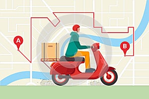 Delivery young male courier riding scooter with package product box. Fast moped shipping service concept on city