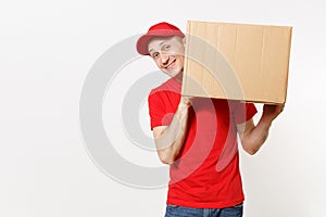 Delivery young man in red uniform isolated on white background. Male in cap, t-shirt, jeans working as courier or dealer