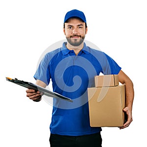 Deliveryman with boxes and clipboard isolated on white photo