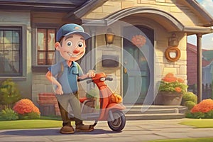 Deliveryman cartoon character with smile, drawing of courier with his small cute scooter