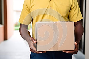 Deliveryman hands holding a cardboard parcel box giving fast delivery service, transportation and logistics concept. Generative AI