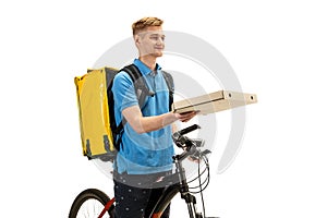 Deliveryman isolated on white studio background. Contacless delivery service during quarantine.