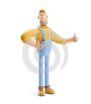 3d illustration. Cartoon character. Deliveryman in overalls holds thumb up. photo