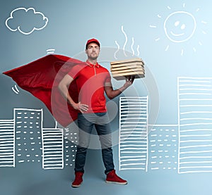 Deliveryman with pizzas acts like a powerful superhero. Concept of success and guarantee on shipment. Studio cyan