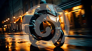 The deliveryman speeds through street on a motorcycle at night, Generative AI