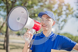 Deliveryman take megaphone