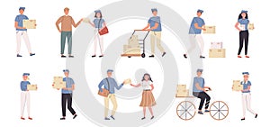 Deliverymen and addressees flat vector illustrations set. Parcel delivery, shipping service. People with mailings photo