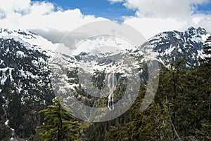 Della Falls as seen from a higher viewpoint in Strathcona Provincial Park, Vancouver Island, BC, Canada