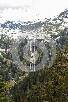 Della Falls as seen from a higher viewpoint in Strathcona Provincial Park, Vancouver Island, BC, Canada