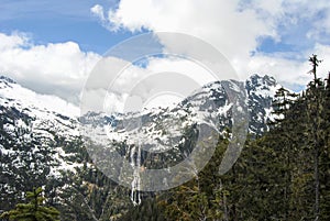 Della Falls as seen from a higher viewpoint in Strathcona Provincial Park, Vancouver Island, BC, Canada