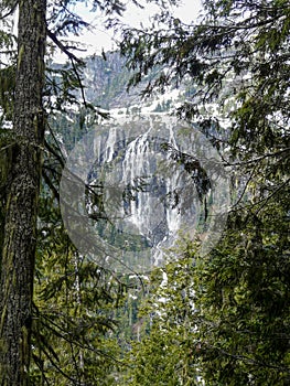 Della Falls as seen from a higher viewpoint in Strathcona Provincial Park, Vancouver Island, BC, Canada
