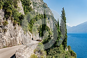 Della Forra road over blue lake Garda, Lombardy, Northern Italy