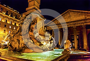 Della Porta Fountain Pantheon Piazza Rotunda Night Rome Italy