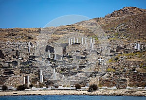 Delos ruins of ancient civilization at seaside Cycladic island Greece