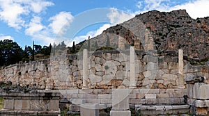 View of Doric columns and temple ruins in the Sanctuary Athena Pronaia in Delphi