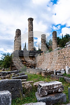 View of Doric columns and temple ruins in the Sanctuary Athena Pronaia in Delphi