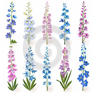 Delphinium Flower Icon Set, Garden Larkspur Flat Design, Abstract Spring Delphinium Symbol