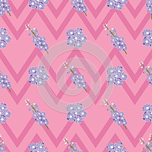 Delphinium flowers seamless vector pattern on pink zigzag stripes