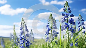 Delphinium: Photorealistic Blue Flowers In A Serene Field