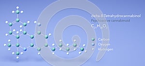 delta-8-Tetrahydrocannabinol molecule, molecular structures, delta-8-THC, 8-THC 3d model, Structural Chemical Formula and Atoms