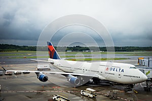 Delta Air Lines Boeing 747-451 towed at Narita Airport, Japan