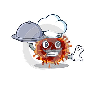 Delta coronavirus as a chef cartoon character with food on tray