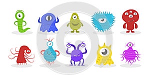 Delta Coronavirus, covid 19. Funny characters set. Cartoon bacteria, germ, viruses and microbe. monsters with emotions.