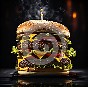 deluxe cheeseburger on dark background