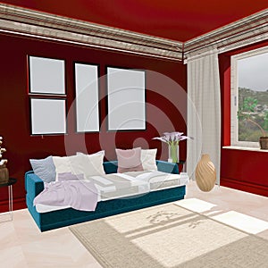Deluxe classic style living room interior upholstered with red velvet, large sofa, ceramic, plants and decorative