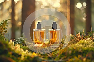 Deluxe cologne in spicy aromatic sprays fills glass bottles, the flower backdrop enhancing the chic scent of high-end floral fragr