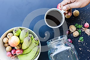 Deluxe food background. Food photography different fruits. Copy