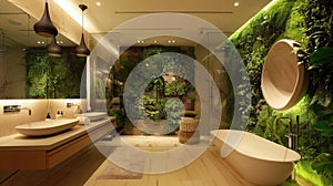Deluxe master bath sporting double sinks, pendant lights, underfloor heating, green wall